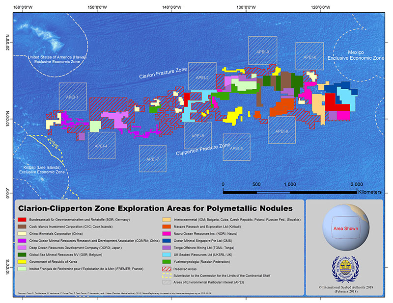 A map of the Clarion Clipperton Zone in the central Pacific Ocean. Colored areas are those licensed for mining and shaded squares are areas currently protected from mining.