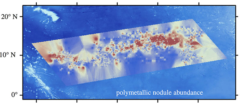 Polymetallic nodule abundance across the CCZ. Red indicates high abundance, while blue indicates low abundance of nodules.
