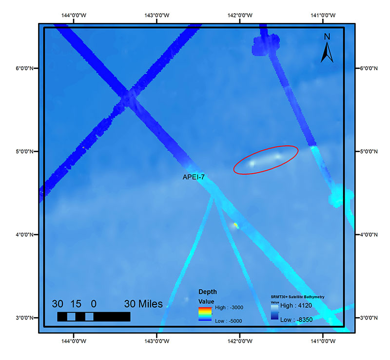 A map of APEI7 with predicted bathymetry from satellite observation techniques as the background and all previously existing publically available bathymetry overlaid. Our seamount of interest is circled in red.