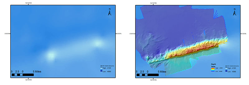 Before (left) and after (right) shots of the seamount of interest. The left map shows estimated bathymetry from satellite. The right area shows the multibeam data we have just finished gathering and processing over the same region. 