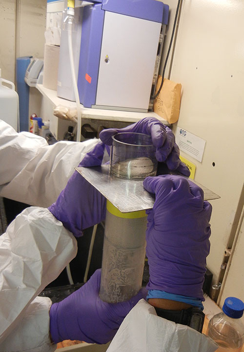 The core being processed in the lab following return of the ROV to the sea surface.