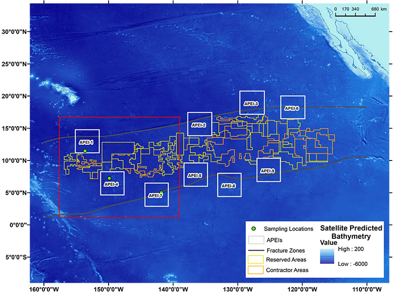 Map of the abyssal Pacific seafloor targeted for seafloor nodule mining showing the areas where mining contactors will work and areas protected from mining (APEIs). This project studied three protected areas in the west of the Clarion Clipperton Zone.