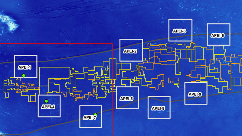 Map of the abyssal Pacific seafloor targeted for seafloor nodule mining showing the areas where mining contactors will work and areas protected from mining (APEIs). This project studied three protected areas in the west of the Clarion Clipperton Zone