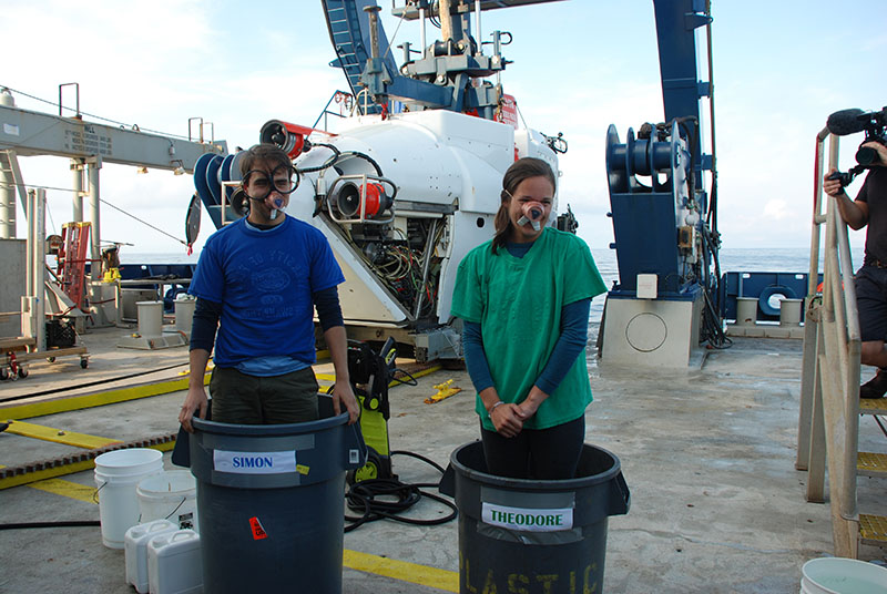 First-time Alvin divers Ryan Gasbarro and Lauren Carroll were given costumes made with supplies easily found around the lab—Styrofoam cups, rubber bands, and sediment core rings.