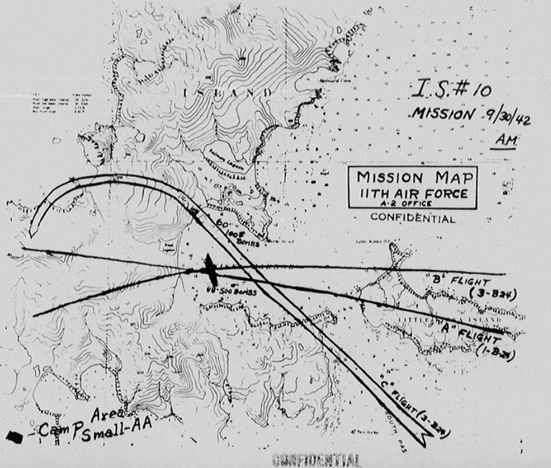 Mission map detailing the September 30th 1942 morning attack by B-24 bombers of the US 11th Air Force against Kiska Island.