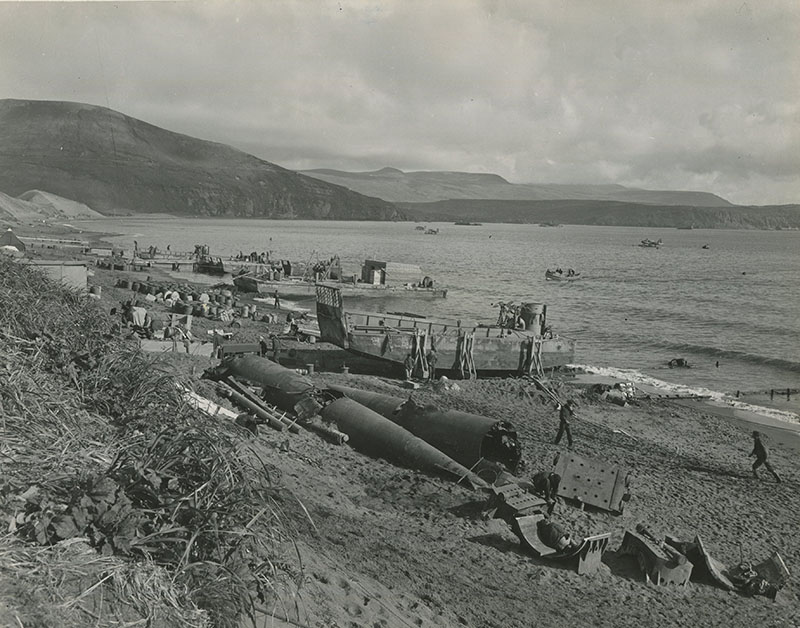 US soldiers inspect Japanese midget subs left behind after the US retook Kiska Island.