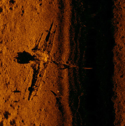 High resolution side scan sonar acoustic image of a P-39 aircraft in Papua New Guinea.