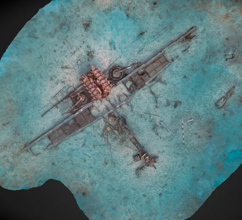 Orthomosaic of a P-39 aircraft in Papua New Guinea. The orthomosiac was created using specialized software that stitches together hundreds of images captured by divers at the site to form a single comprehensive image.
