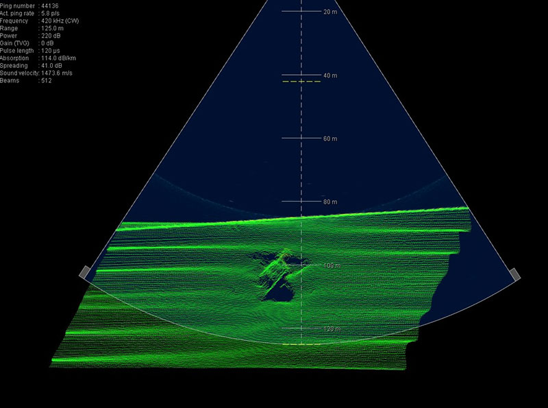 Multibeam sonar image of the stern section of the USS Abner Read.