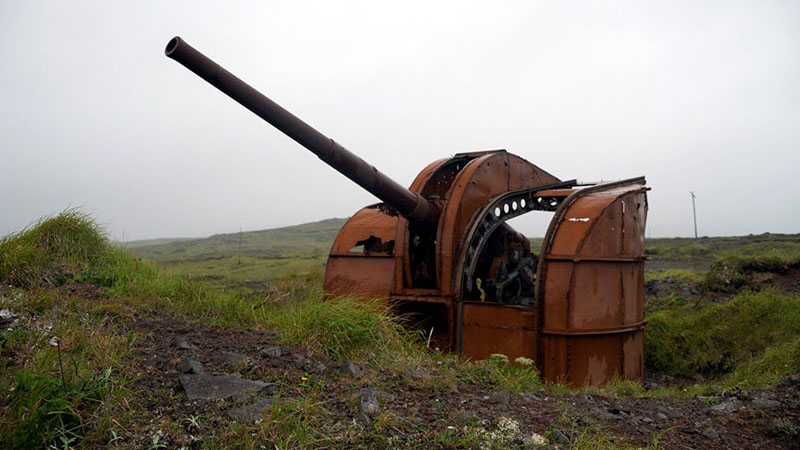 120 mm anti-aircraft gun on North Head, Kiska Island.