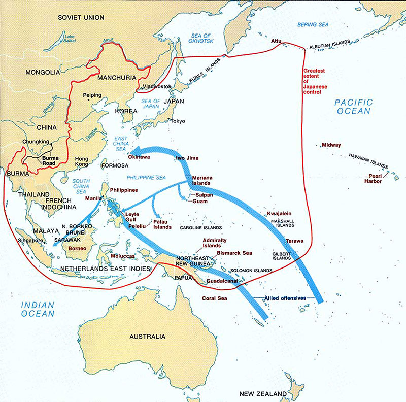 Figure 1: The two-pronged battle plan to the Japanese home islands went through Palau to the Philippines. Major battles indicated in red.
