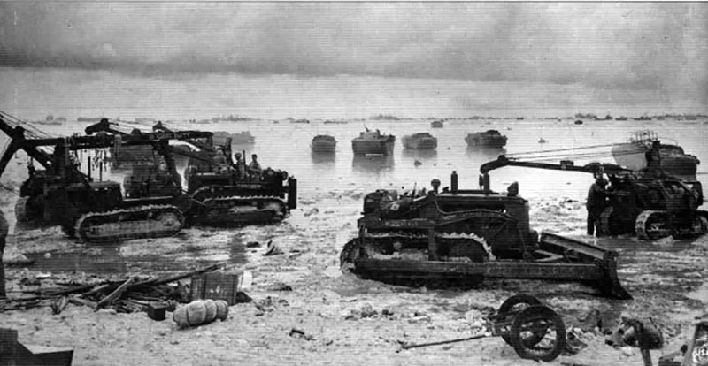 Bulldozers on the Peleliu shoreline after the successful capture of the southern beaches.