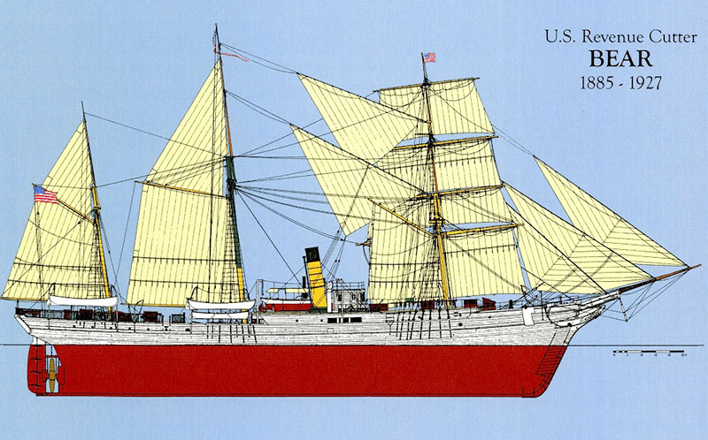 Colorized profile view showing hull and sail rig of Cutter Bear. (U.S. Coast Guard)