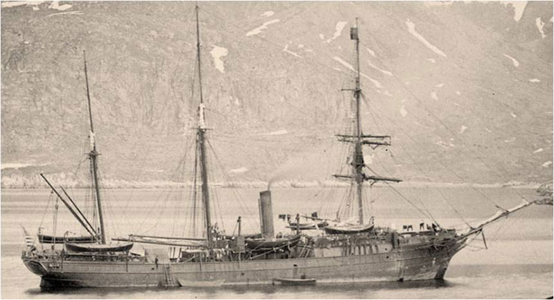 USS Bear anchored in Godhaven Harbor, Greenland, in 1884 as part of the famous Greely Relief Expedition.