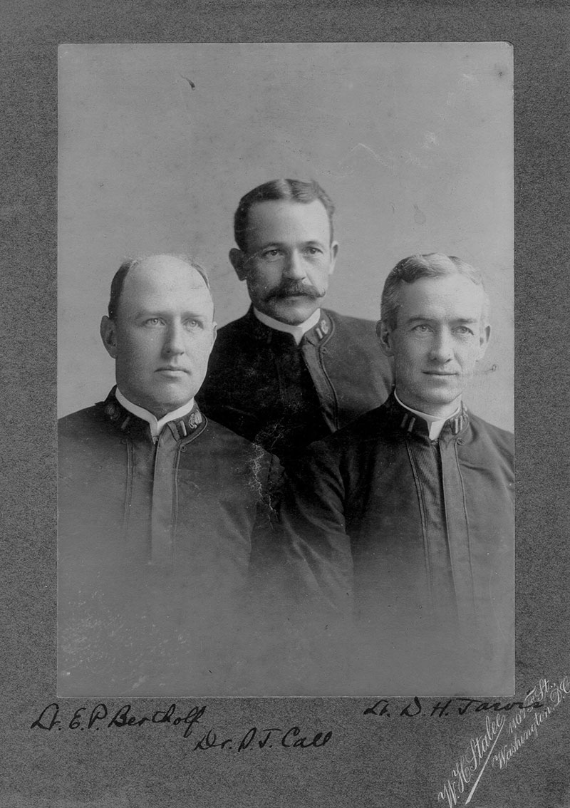 From left to right, Lt. Ellsworth Bertholf, Dr. Samuel J. Call and Lt. David H. Jarvis posed for a commemorative photograph.