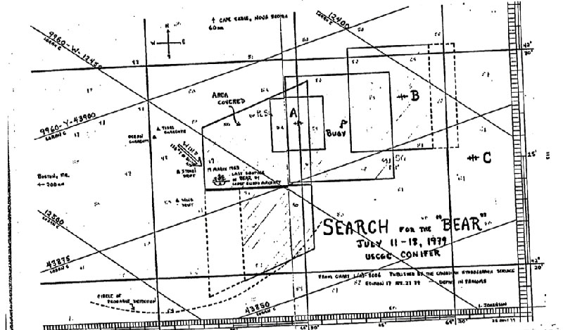 Chart from the original 1979 search for Bear undertaken by MIT’s Harold Edgerton and Coast Guard Academy cadets on board the Buoy Tender Conifer. 