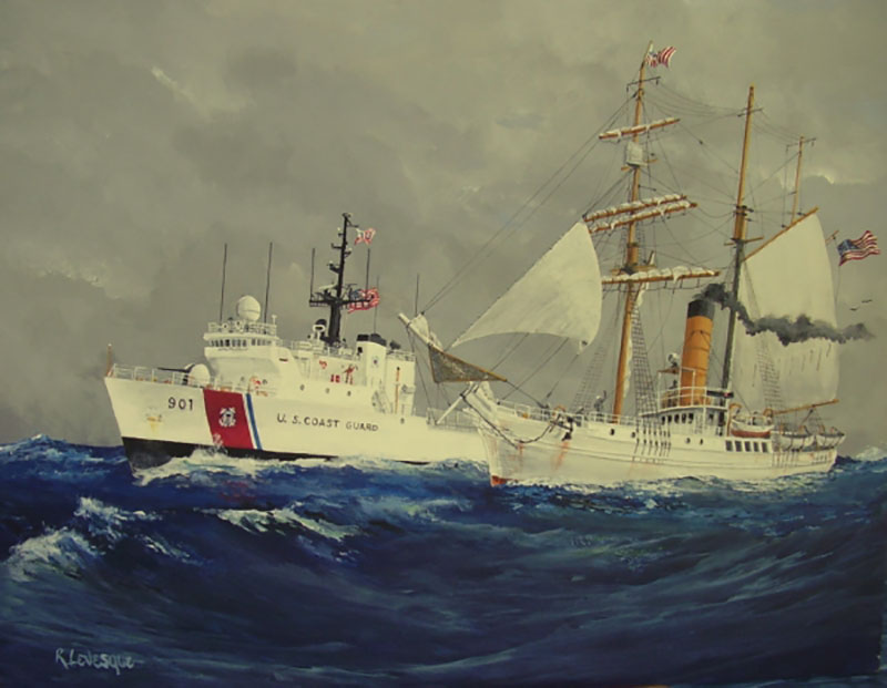 Commemorative painting showing the 270-foot Medium-Endurance Cutter Bear and her namesake, Revenue Cutter Bear, under sail and steam.
