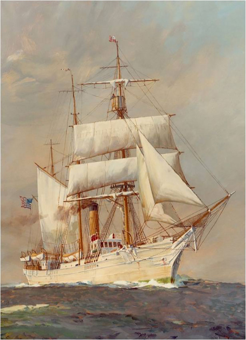 Painting of USRCS Bear under sail and steam on the Bering Sea Patrol. 