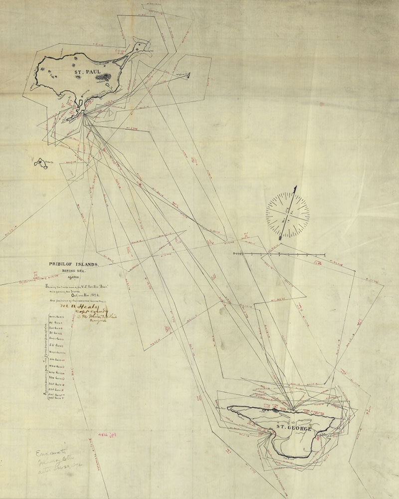 An 1892 chart of the Pribilof Islands, showing Bear’s cruising track lines and signed by Captain Michael Healy and his navigator.