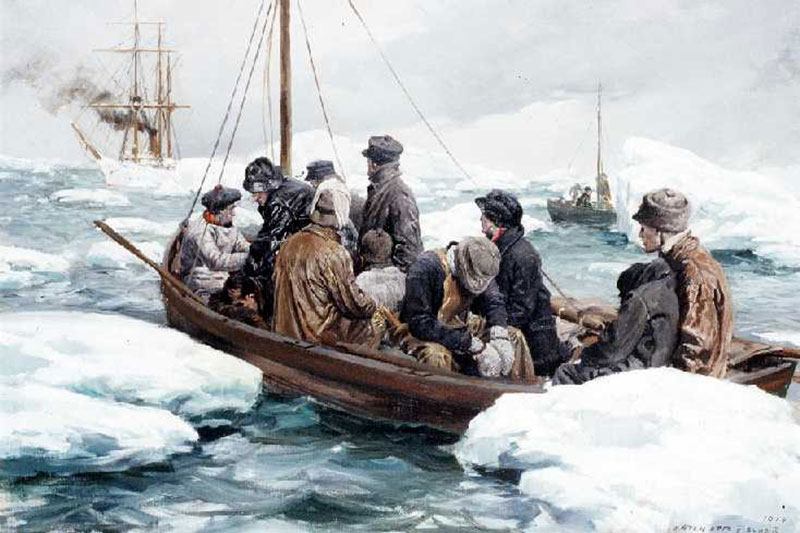 A painting showing the Bear saving whalers drifting in pack ice after losing their ship. 