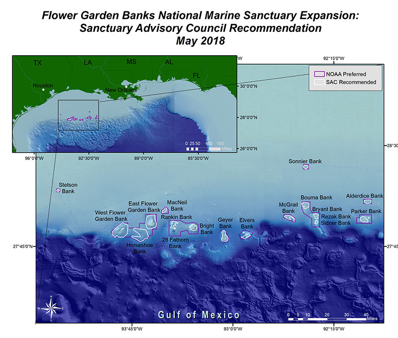 The Flower Garden Banks National Marine Sanctuary is finalizing a proposal to expand the boundaries of the sanctuary to portions of the areas shown in red.