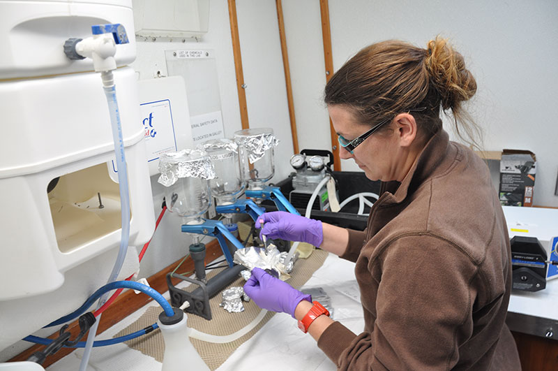Jennie McClain filtering water samples for particulate organic matter (POM) collected with niskin bottles mounted on the Global Explorer remotely operated vehicle. Credit: Santiago Herrera.