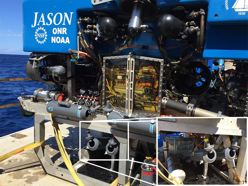 The two Niskin bottles used to collect deep-sea water samples are mounted to the bottom of ROV Jason and can be triggered by the ROV’s manipulator arms.