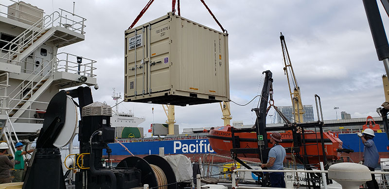 Ship’s crew loaded a subset of expedition equipment onto NOAA Ship Lasker in San Diego, CA.