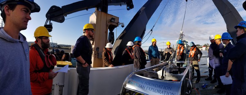 ROV Discussion: One of the most critical pre-cruise tasks was to have ship and ROV personnel collectively diagram, discuss, and practice ROV launch and recovery.