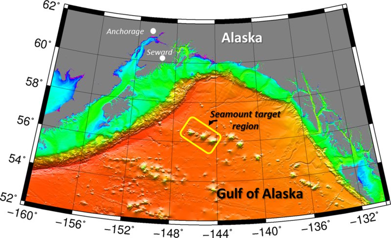 Bathymetric map of the Gulf of Alaska, showing its deep basin with seamount chains. Grey – land, Green – continental shelf, Yellow – continental slope, Orange – deep basin.