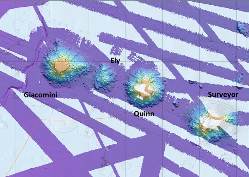 Side-scan sonar bathymetry of the Giacomini and Quinn seamounts in the Gulf of Alaska, which are target seamounts in this mission.