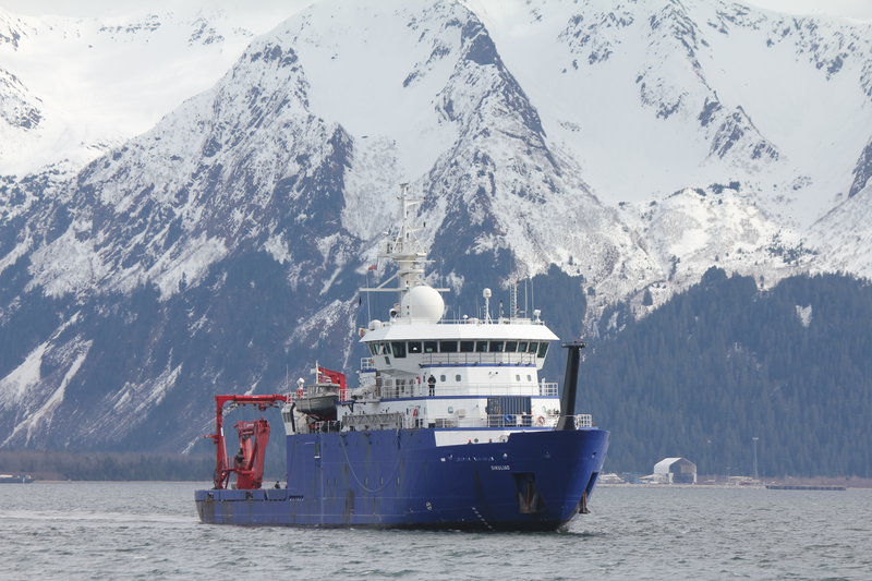 The R/V Sikuliaq, a world-class oceanographic research vessel owned by the National Science Foundation and operated by the College of Fisheries and Ocean Sciences at the University of Alaska Fairbanks returns to its home port in Seward Alaska to pick up a new science crew.