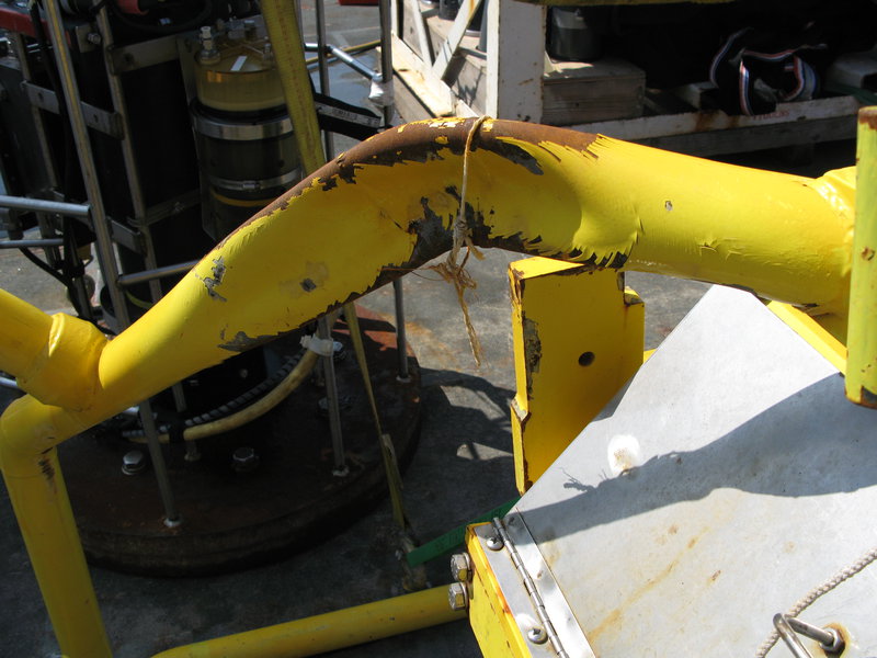 One of the heavyduty metal pipes of the box corer that got crushed under the immense pressure at 4500 m depth!