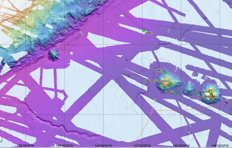 Bathymetric map of seamounts in the Gulf of Alaska. Color show different bottom depth and the white areas indicate regions where the seafloor has not yet been mapped.