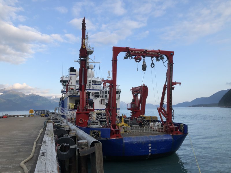 Sikuliaq docked in Seward Alaska, ready for her next cruise to the Gulf of Alaska Seamounts.