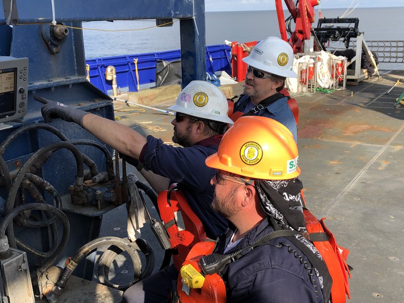Operations on deck require everybody to wear a hard hat, a floating device and gloves.