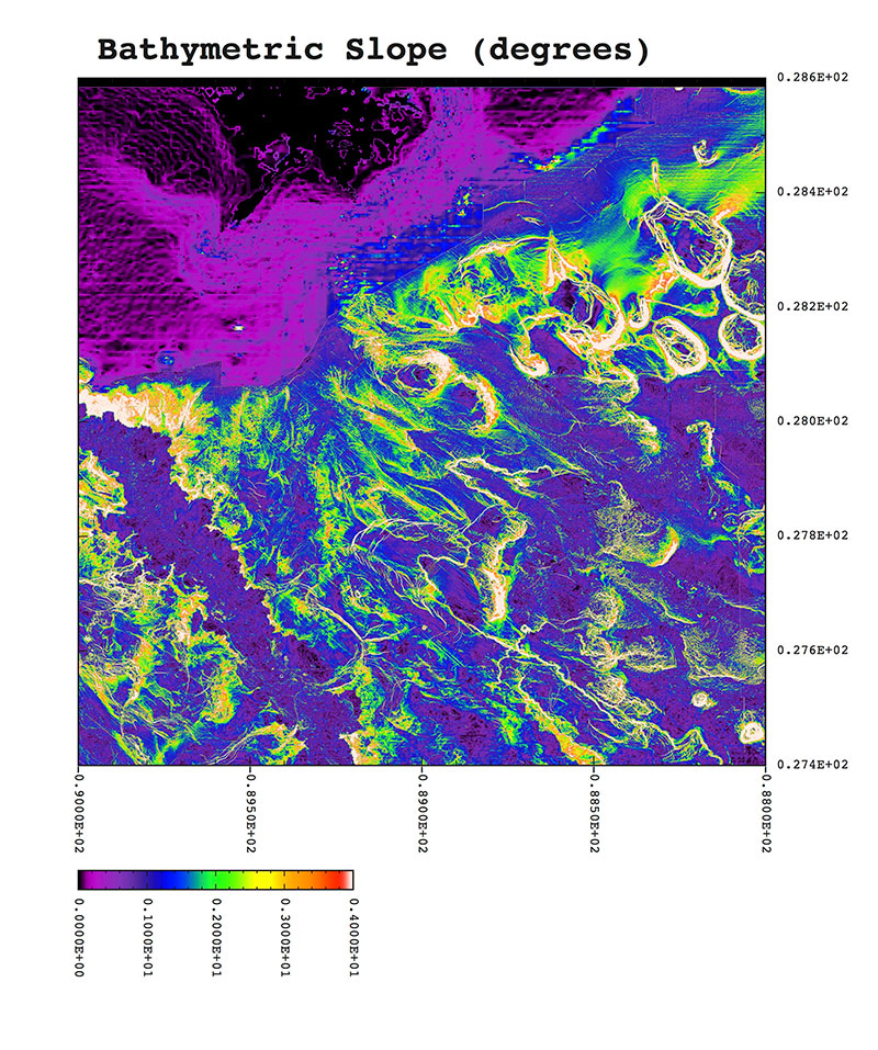 Plot of a bathymetric slope in degrees for a fairly large region (1.5 x 1.5 arc degrees) covering our study area.