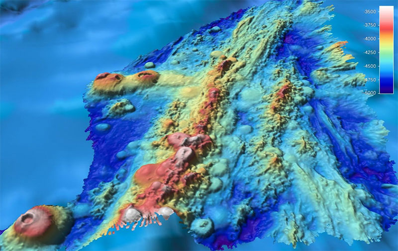 A high-resolution view of the seafloor surface of one of Nautilus survey areas in the central Pacific with data viewed in QPS software Fledermaus.