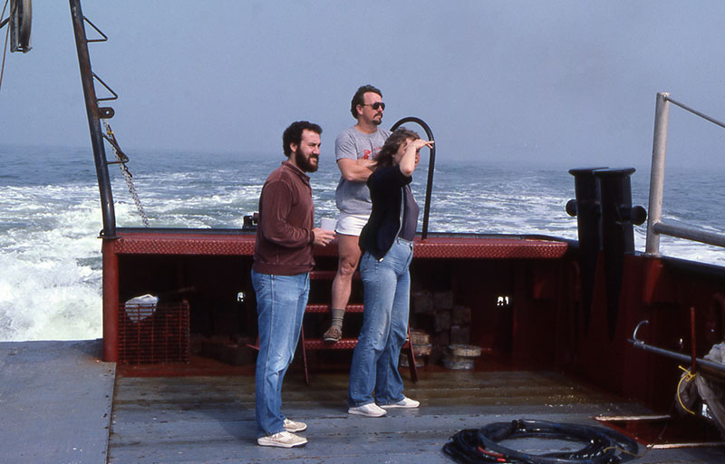 Richard Weinstein (left), Robert Floyd (middle), and Melanie Stright (right) on of the first exploration surveys for offshore archaeological sites, 1984.