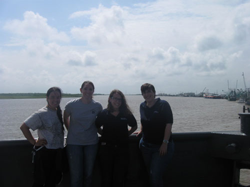 The scientific crew. From left to right: Alex Herrera-Schneider and Amanda Evans (Coastal Environments), Megan Metcalfe and Louise Tizzard (Wessex Archaeology).