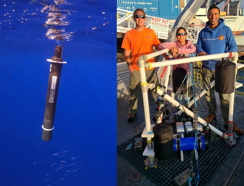 Seen here are the Seatrec infiniTE float (left) and the Integral Consulting team with their NoiseSpotter directional sensing array, a simplified version of which will be attached to the bottom of the float during deployment (right).