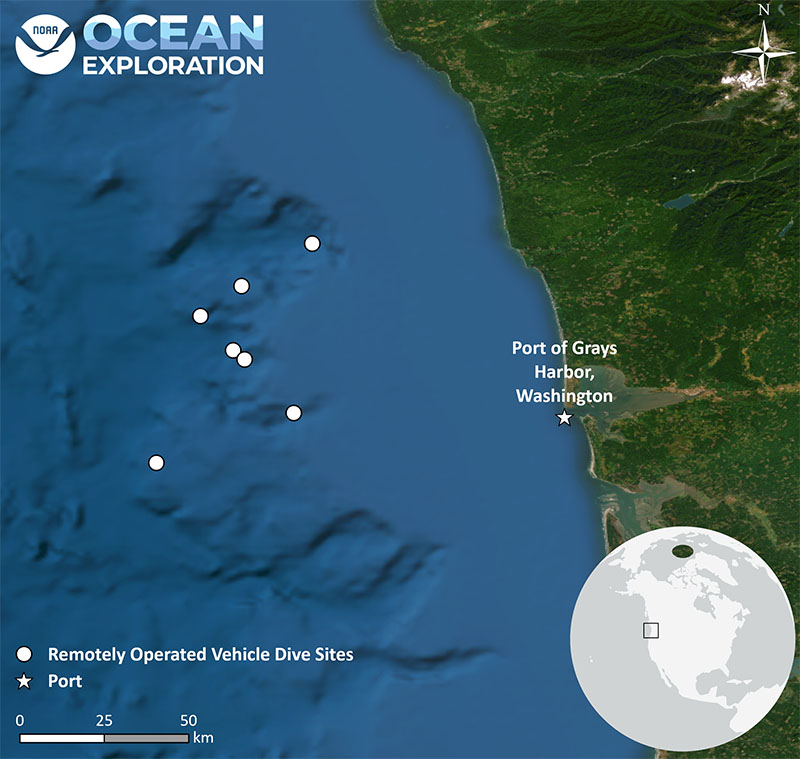 Dive sites of remotely operated vehicle Hercules in the Pacific Ocean during Ocean Exploration Trust Cruise NA095.