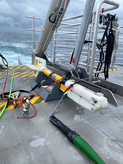 The Geometrics G882 magnetometer on the back deck of Research Vessel Shearwater awaiting deployment.