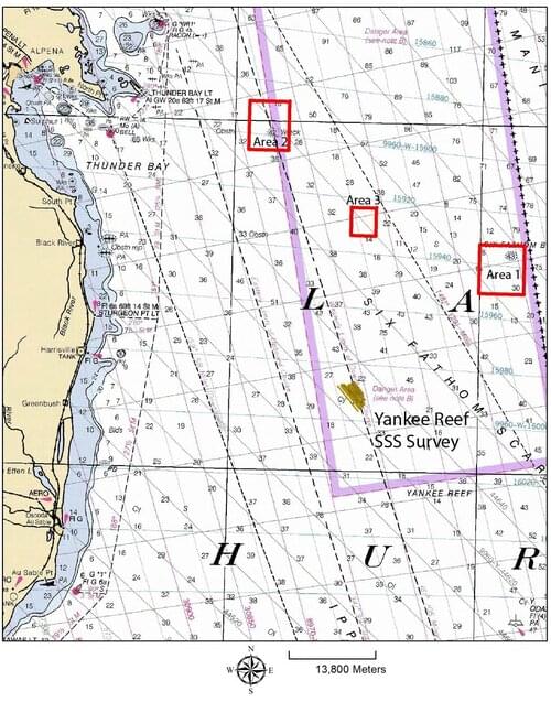 Map showing the location of the new survey (colored polygons) being conducted during the  Discovering the Submerged Prehistory of the Alpena-Amberley Ridge in Central Lake Huron expedition in relation to areas previously investigated (black squares).