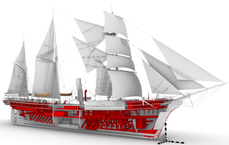 The starboard side of U.S. Revenue Cutter Bear in its 1884 configuration for the Greely Relief Expedition (USS Bear). The modifications are in red. The 3D scale at the bow of the ship represents 15 feet (1-foot increments from 1 to 5 feet and then 2-foot increments from 5 to 15 feet). These modifications were constructed using plans from the Smithsonian Institution Archives and plans from Mystic Seaport Museum.