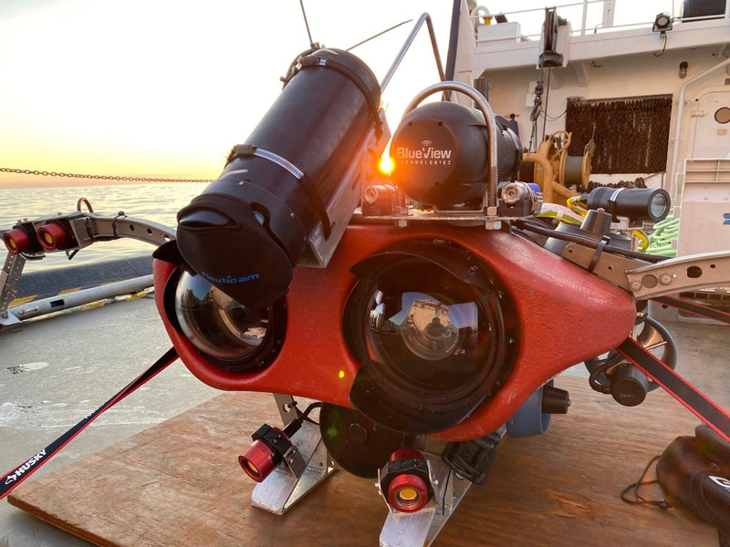 Pixel, a small remotely operated vehicle, on the deck of U.S. Coast Guard Cutter Sycamore during the 2021 Search for the U.S. Revenue Cutter Bear.