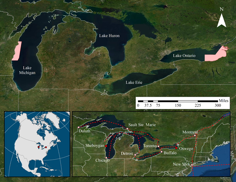 Locations of the Wisconsin Shipwreck Coast National Marine Sanctuary and proposed Lake Ontario National Marine Sanctuary.