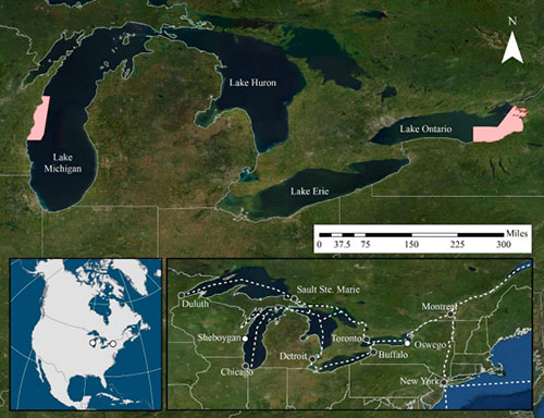 Map showing the Wisconsin Shipwreck Coast National Marine Sanctuary in Lake Michigan and the proposed Lake Ontario National Marine Sanctuary in Lake Ontario, which were surveyed during the Maritime Heritage in America’s Inland Seas expedition.