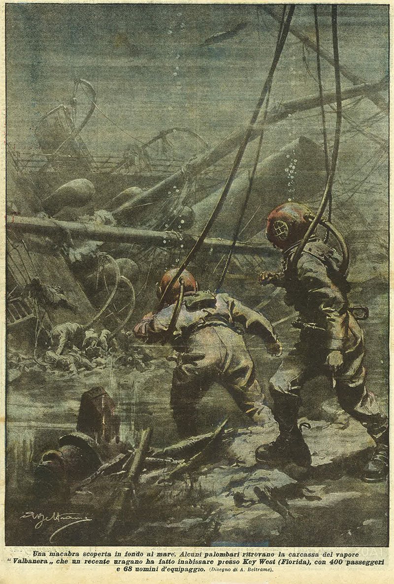 Fanciful depiction of divers exploring Valbanera from the Italian newspaper La Domenica del Corriere published in Milan.