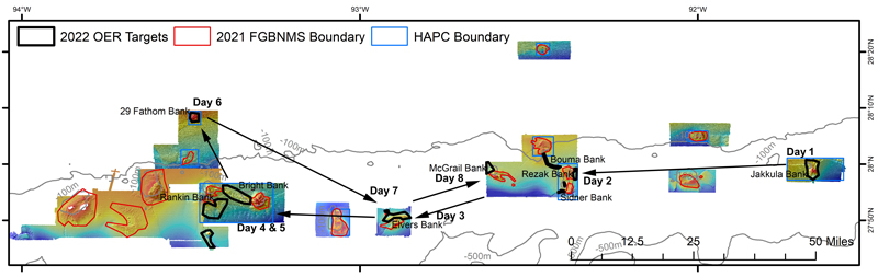Map showing the target sites for exploration during the Exploring the Blue Economy Biotechnology Potential of Deepwater Habitats expedition.